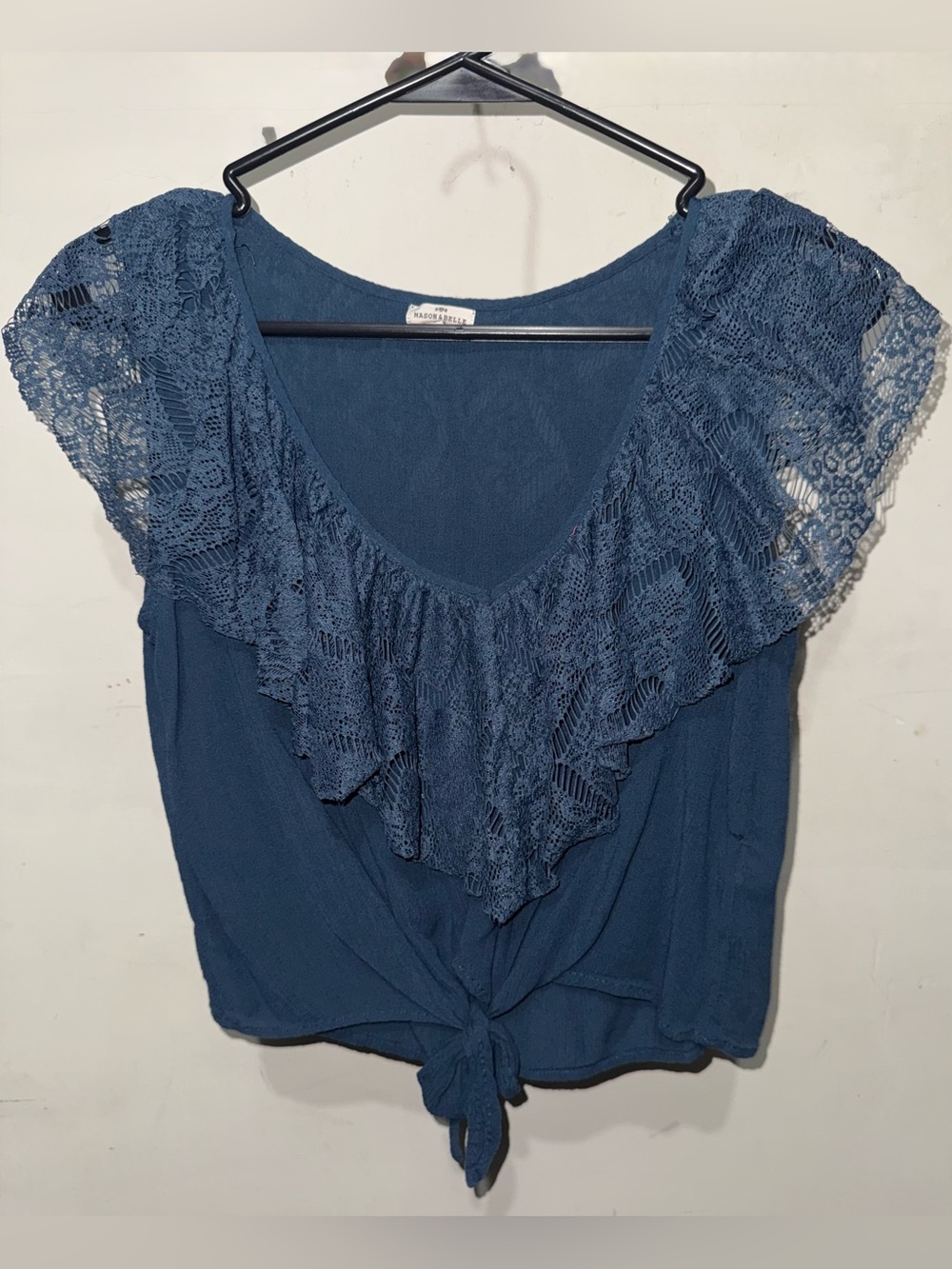 Mason & Belle Blue Lace-Trim Tie-Front Crop Top